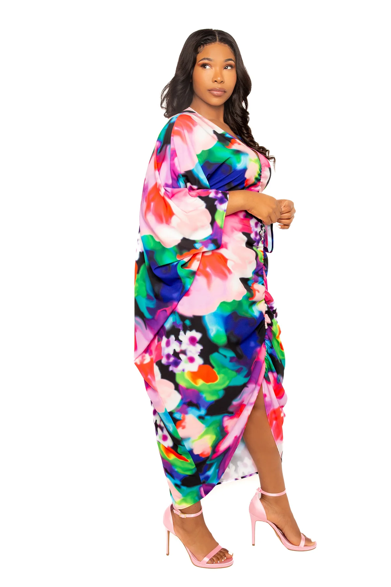 PRINTED CINCH WAIST KAFTAN DRESS