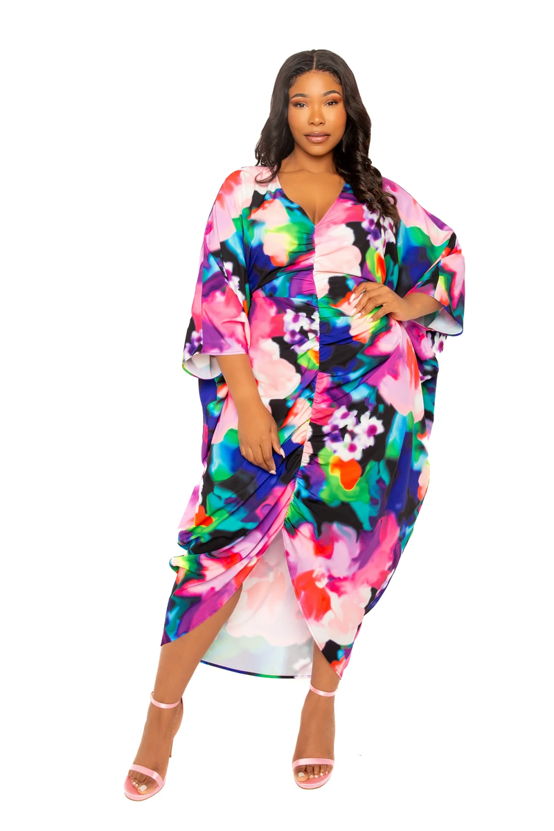 PRINTED CINCH WAIST KAFTAN DRESS