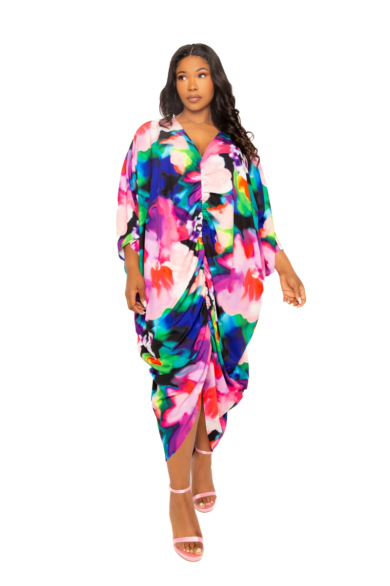 PRINTED CINCH WAIST KAFTAN DRESS