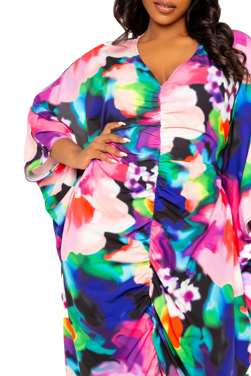 PRINTED CINCH WAIST KAFTAN DRESS