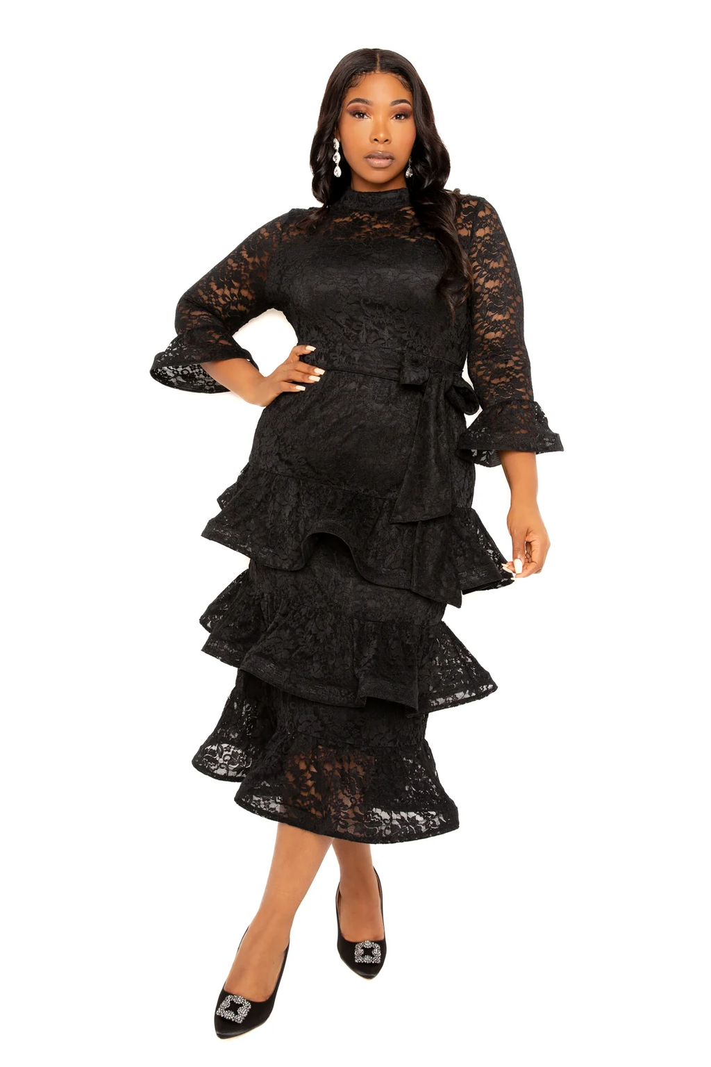 LACE BELL SLEEVE TIERED DRESS