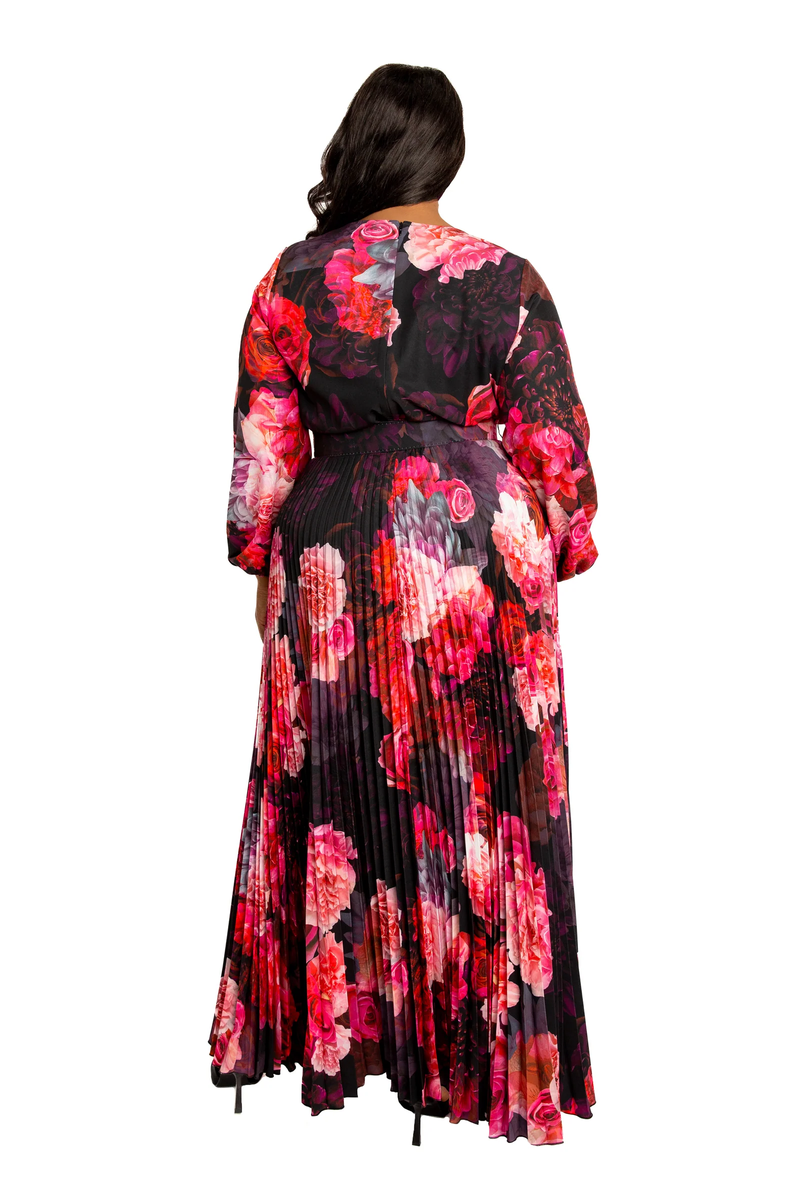 FLORAL PLEATED MAXI DRESS WITH BELT