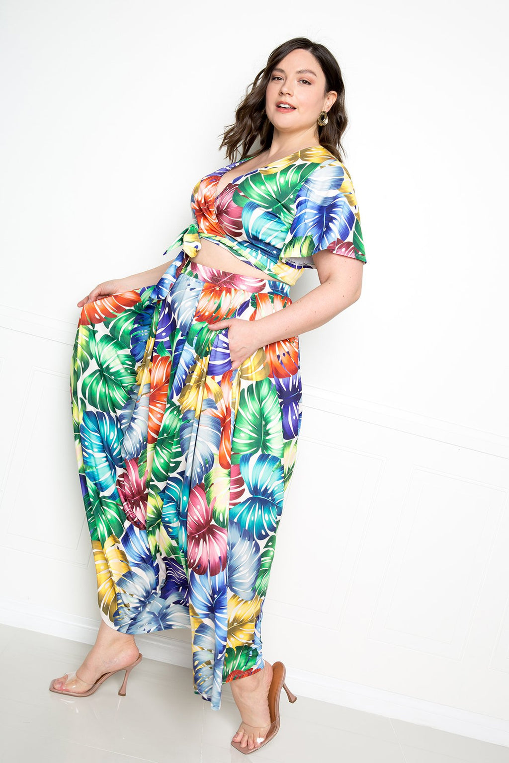 TROPICAL LEAF CROPPED TOP AND MAXI SKIRT SET
