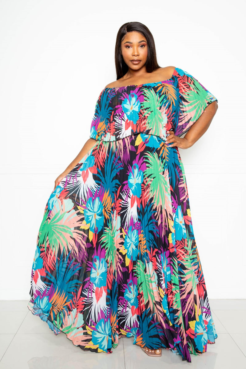 TROPICAL PRINTED OFF SHOULDER PLEATED MAXI DRESS