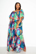 TROPICAL PRINTED OFF SHOULDER PLEATED MAXI DRESS