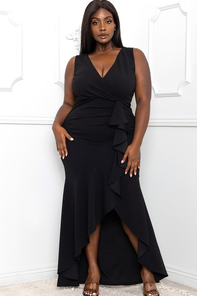 RUFFLE WITH FLARE SKIRT PLUS SIZE MAXI DRESS