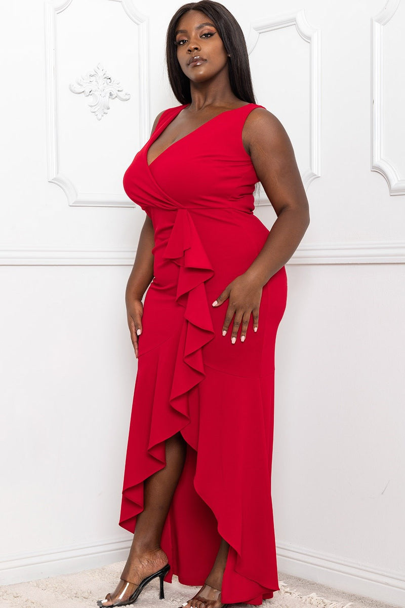 RUFFLE WITH FLARE SKIRT PLUS SIZE MAXI DRESS